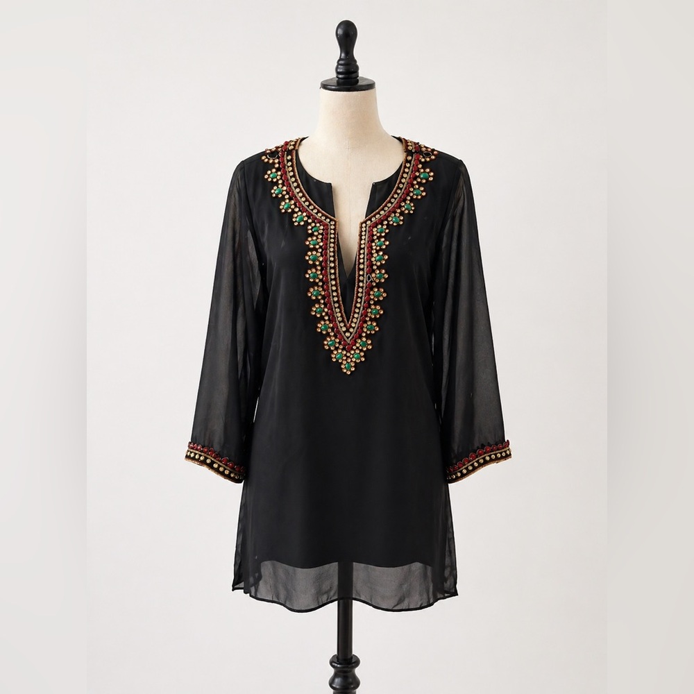 Drama Too! Black Embellished Sheer Tunic Top | Beaded Boho Blouse Size M